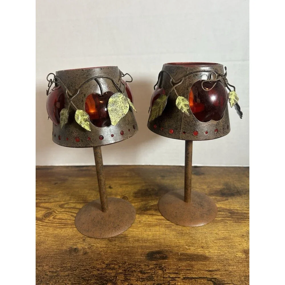 Set of 2 Apple Red Glass Fairy Lamp Style Tealight Candle Holders Rustic Decor